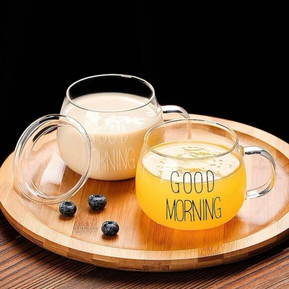 Set of 2 Glass Coffee, brekfast Mug With Handle and lid + tea strainer filter - Picture 1 of 5